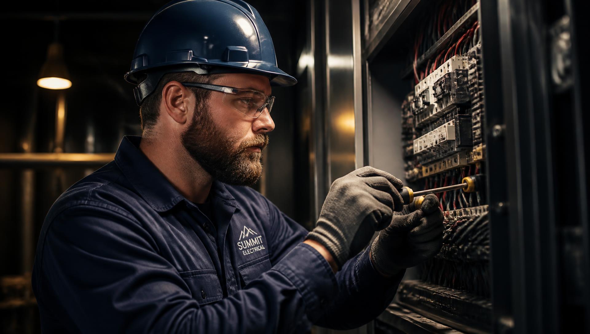 Ohmage Solutions electrician servicing a commercial electrical panel